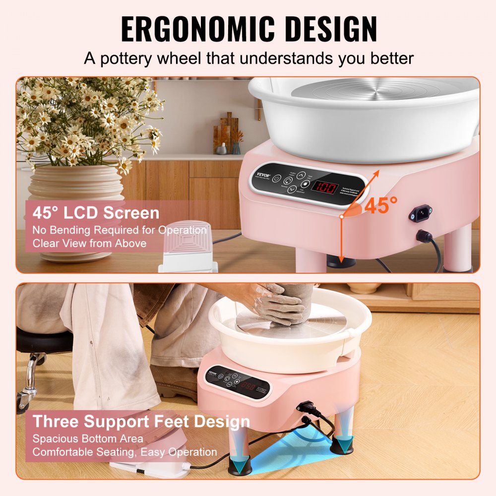 VEVOR Pottery Wheel, 11 inch Pottery Forming Machine, 450W Electric Wheel for Pottery with Foot Pedal and LCD Touch Screen, Direct Drive Ceramic Wheel with 3 Support Legs for DIY Art Craft, Pink