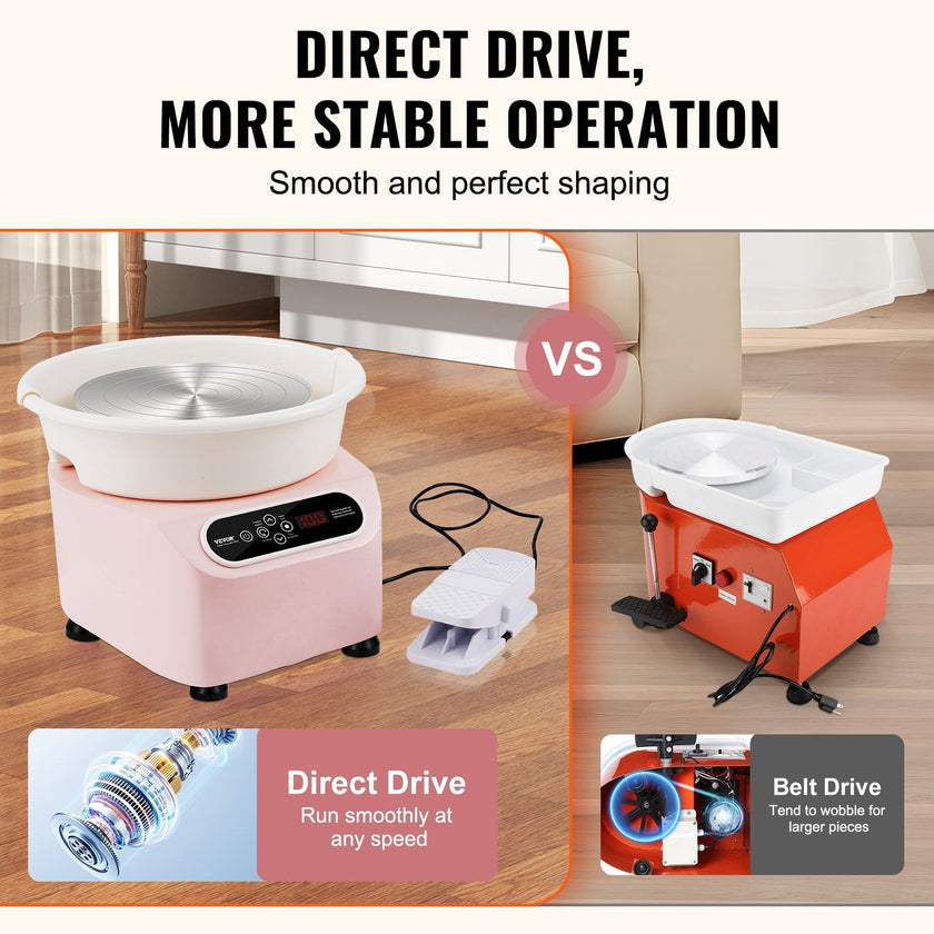 VEVOR Pottery Wheel, 10 inch Pottery Forming Machine, 350W Electric Wheel for Pottery with Foot Pedal and LCD Touch Screen, Direct Drive Ceramic Wheel with Shaping Tools for DIY Art Craft, Pink