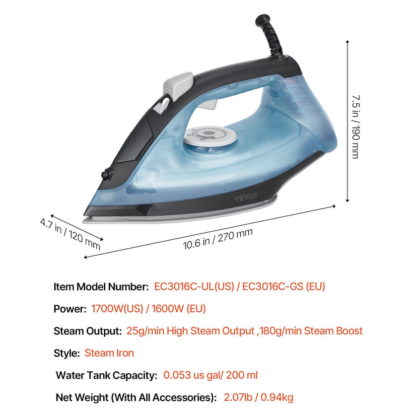VEVOR Steam Iron 1700W Iron for Clothes Auto Shut-Off Self-Cleaning for Ironing