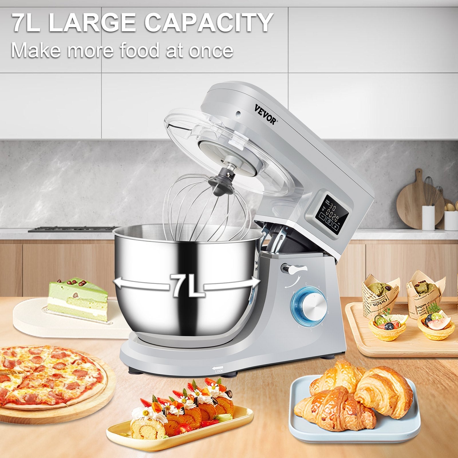 VEVOR Stand Mixer, 660W Electric Dough Mixer with 6 Speeds LCD Screen Timing, Tilt-Head Food Mixer with 7.4 Qt Stainless Steel Bowl, Dough Hook, Flat Beater, Whisk, Scraper, Splash-Proof Cover - Gray