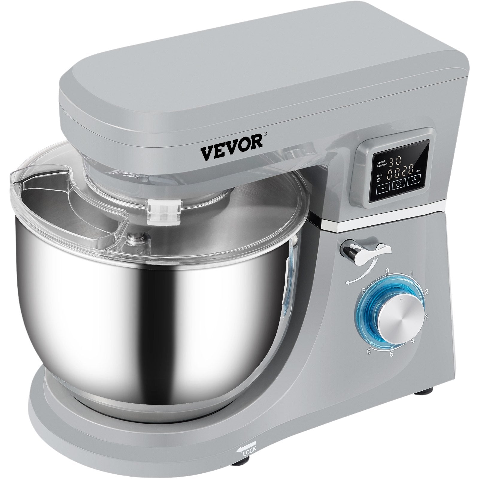 VEVOR Stand Mixer, 660W Electric Dough Mixer with 6 Speeds LCD Screen Timing, Tilt-Head Food Mixer with 7.4 Qt Stainless Steel Bowl, Dough Hook, Flat Beater, Whisk, Scraper, Splash-Proof Cover - Gray