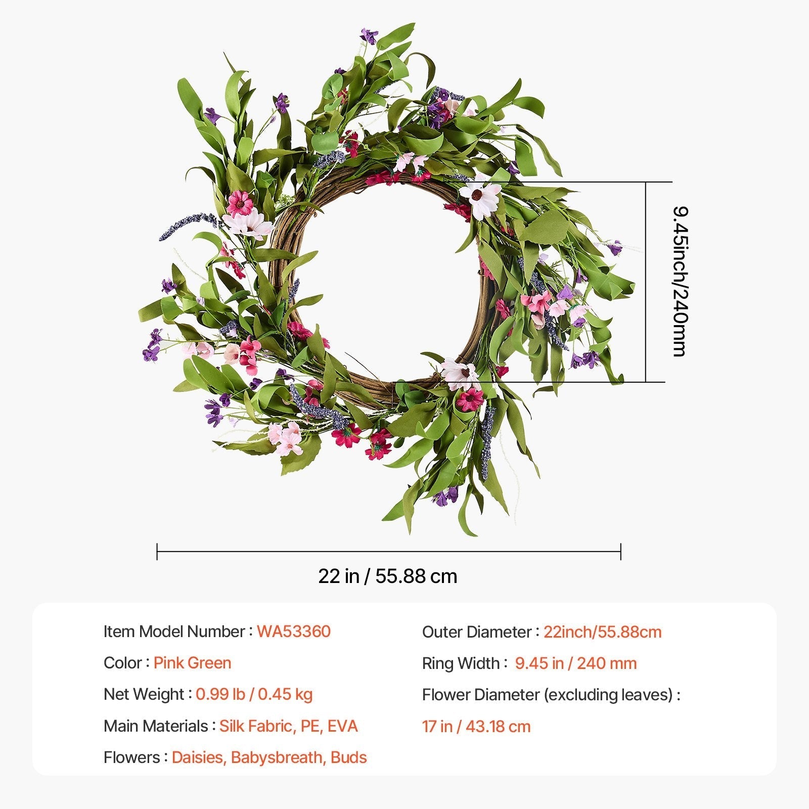 VEVOR Artificial Decorative Wreath 22 in Pink Green Daisies Year Round Wreath