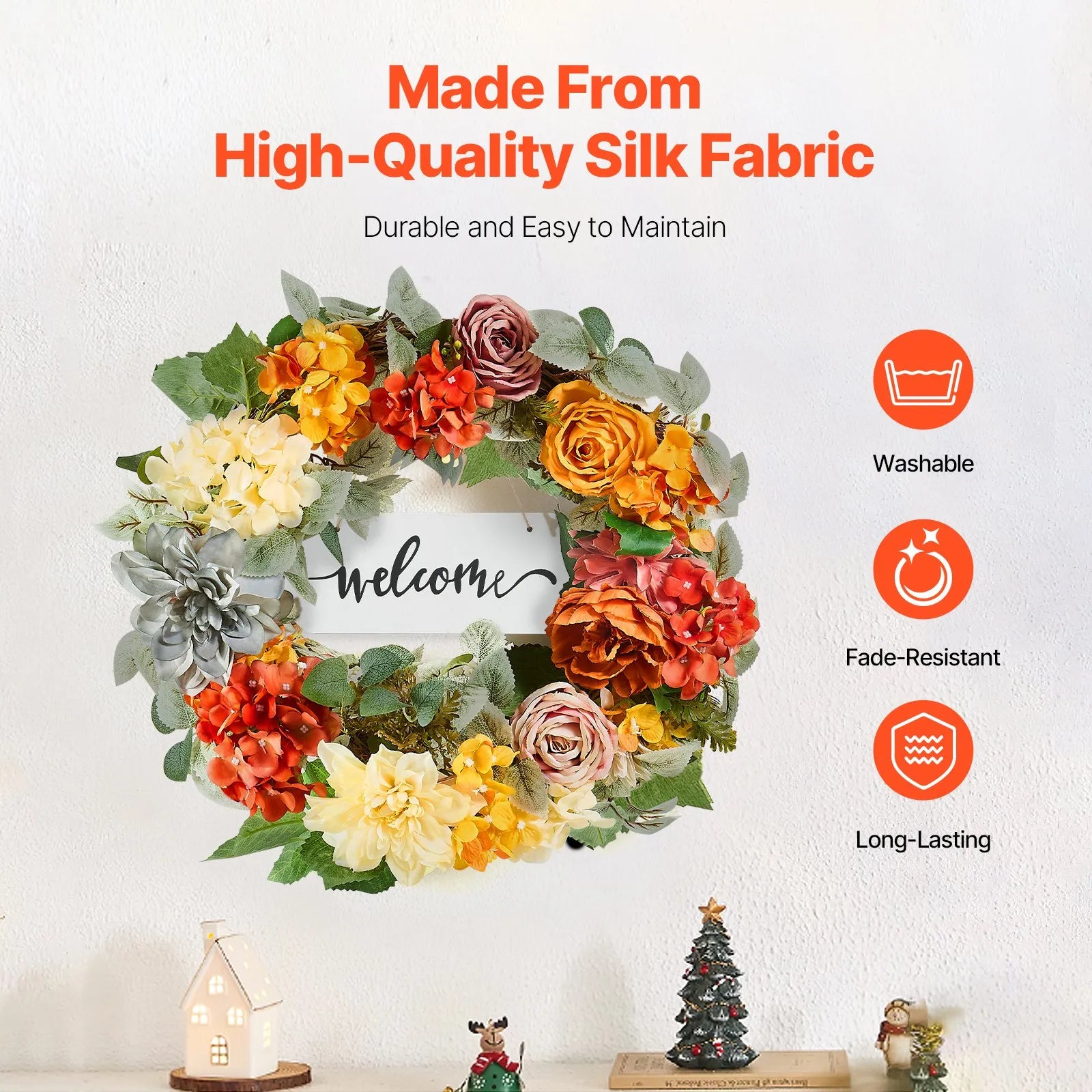 VEVOR Artificial Decorative Wreath 24 in Red Orange Yellow Hydrangeas Roses