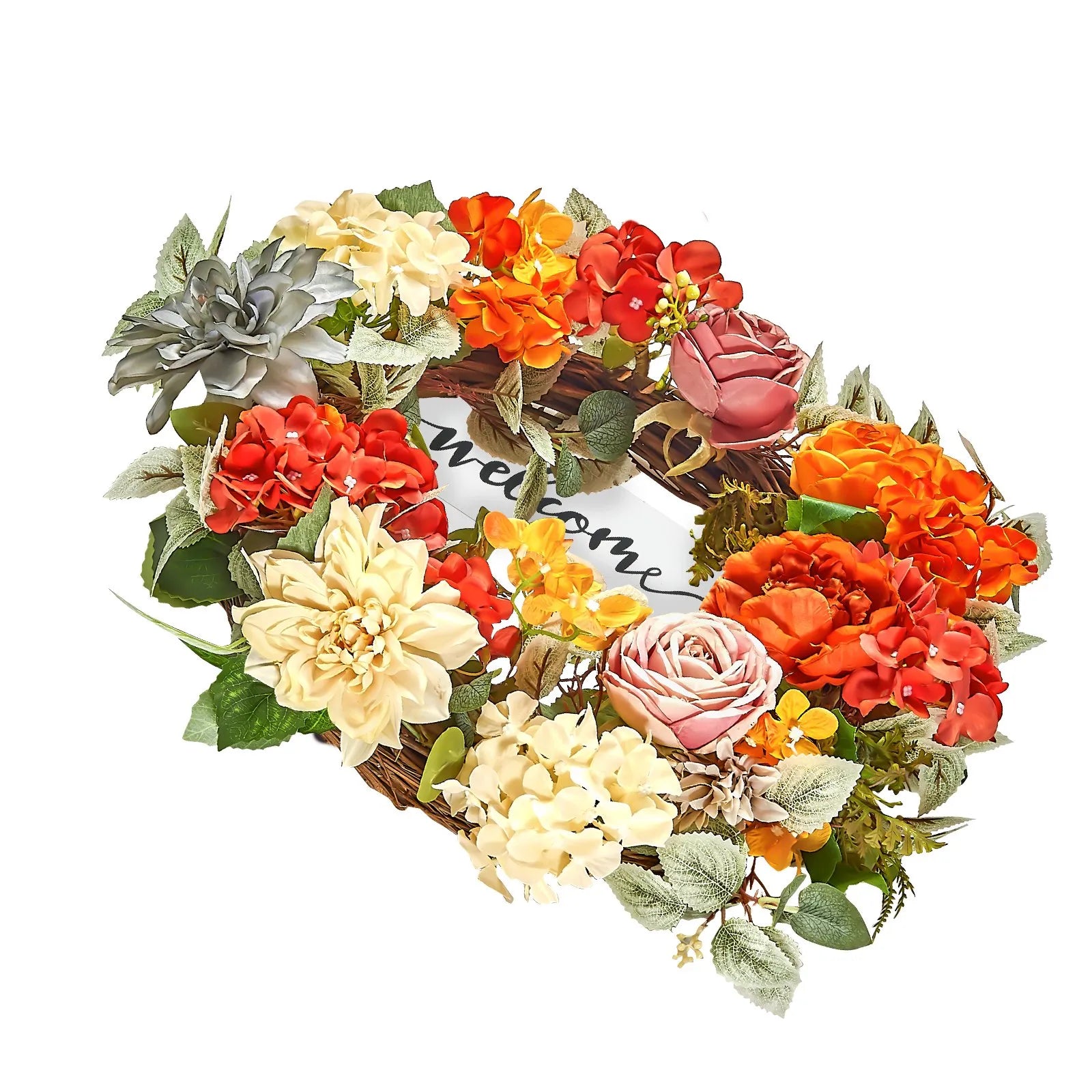 VEVOR Artificial Decorative Wreath 24 in Red Orange Yellow Hydrangeas Roses