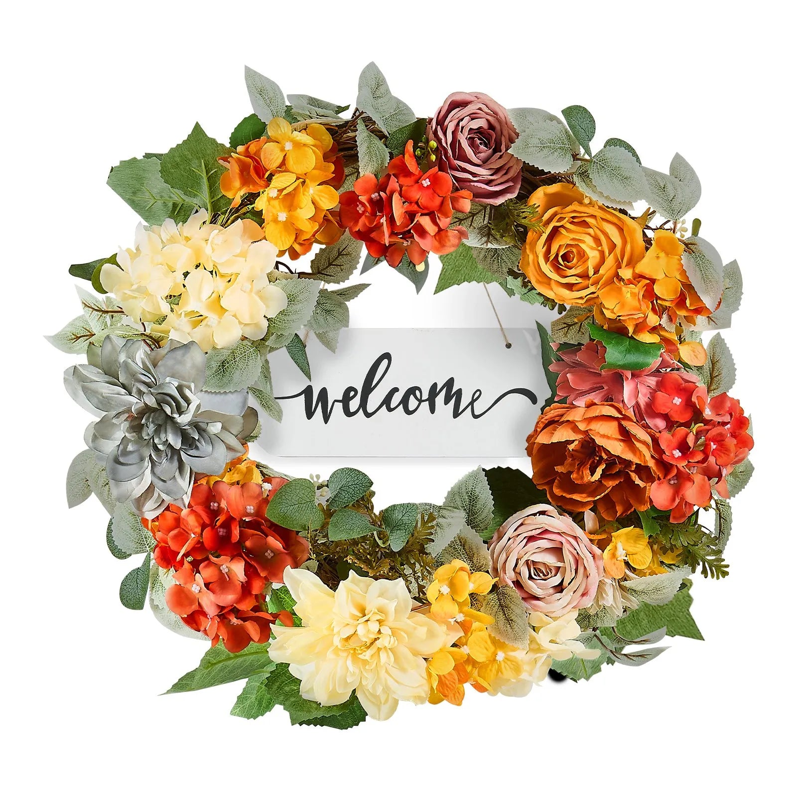 VEVOR Artificial Decorative Wreath 24 in Red Orange Yellow Hydrangeas Roses