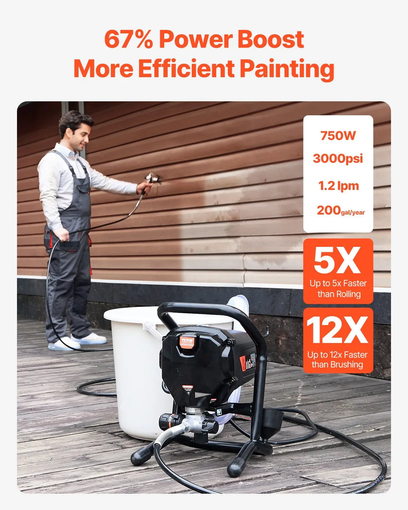 VEVOR Stand Airless Paint Sprayer, 750W 3000PSI High Efficiency Electric Airless Sprayer, Fine And Even Painting Effect, Handheld Paint Sprayers for Home Interior and Exterior Furniture and Fences