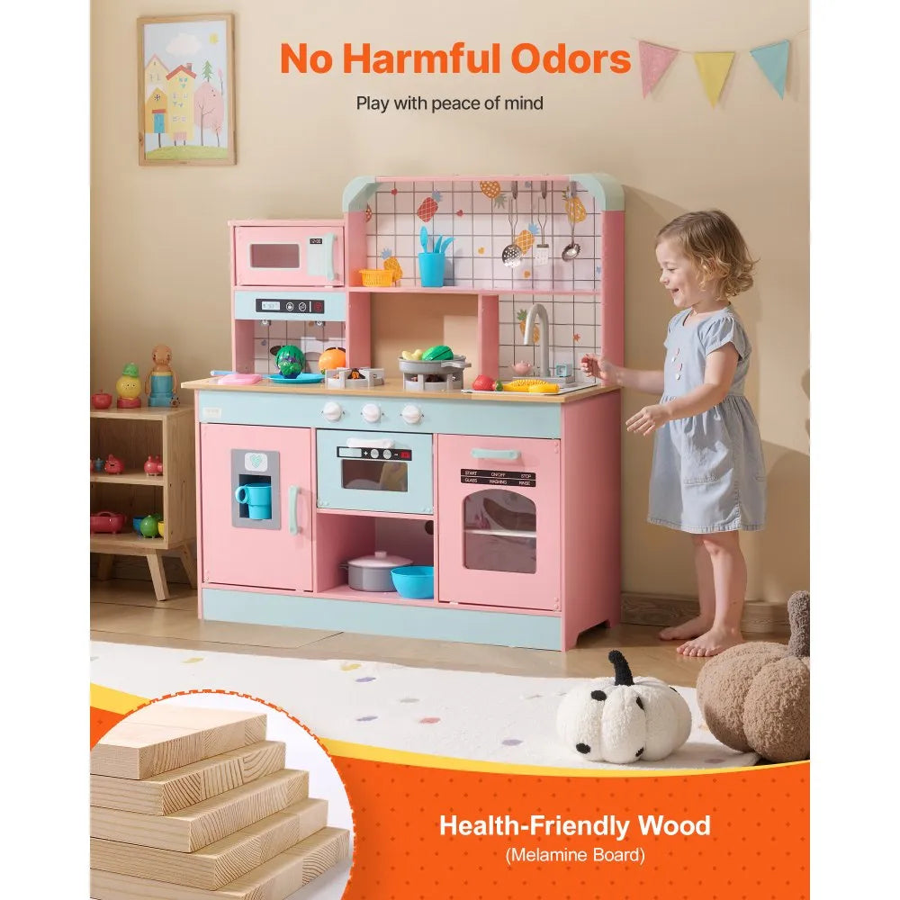 VEVOR Kitchen Playset Kids Pretend Cooking Play Toy 24 Piece Accessories Pink