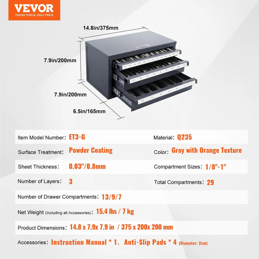VEVOR End Mill Dispenser Cabinet, Three-Drawer End Mill Organizer Cabinet for 1/8