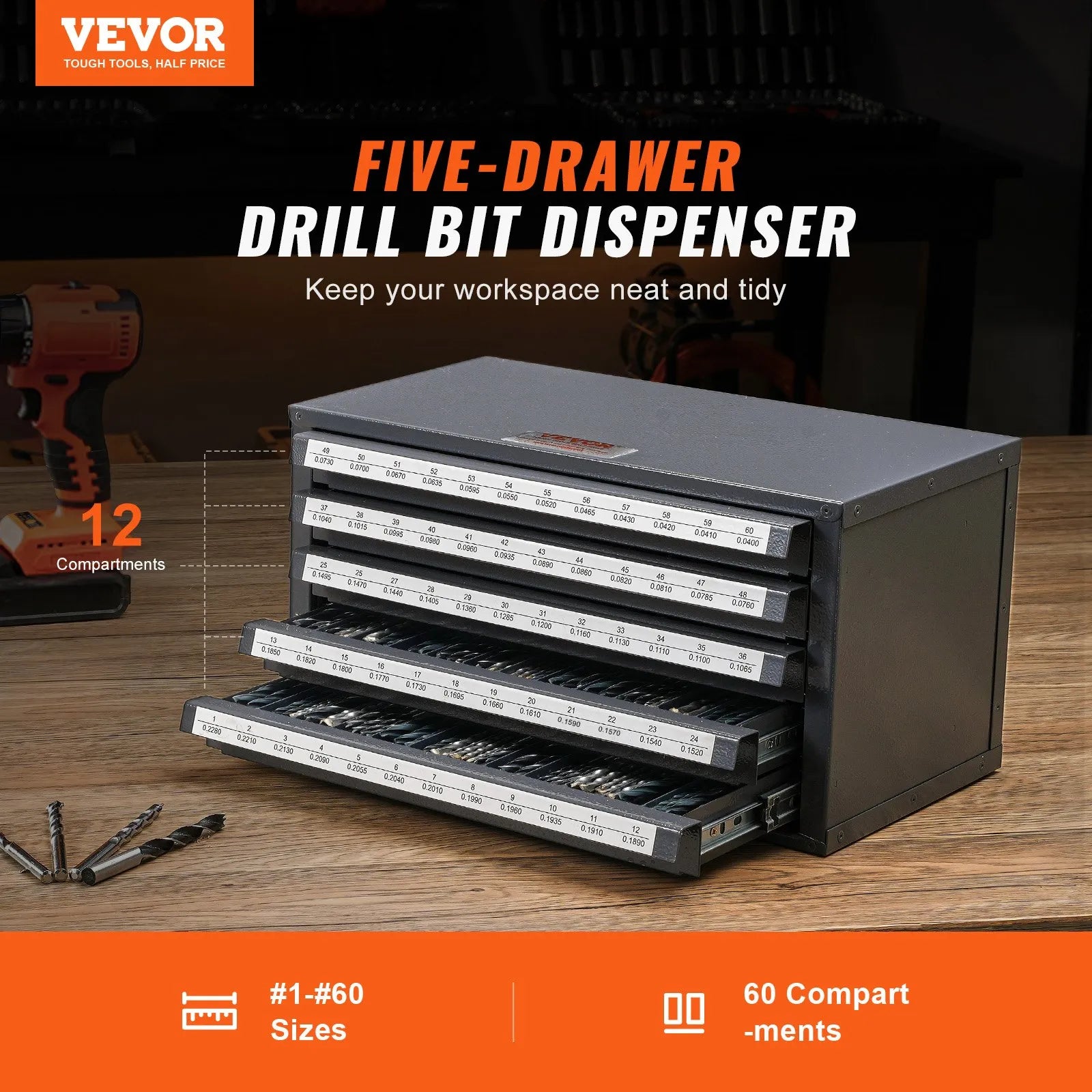 VEVOR Drill Bit Dispenser Cabinet, Five-Drawer Drill Bit Organizer Cabinet for #1 to #60 Steel Drill Dispenser Organizer Cabinet with Labels, Stackable Drill Dispenser for Drill Bit Storage