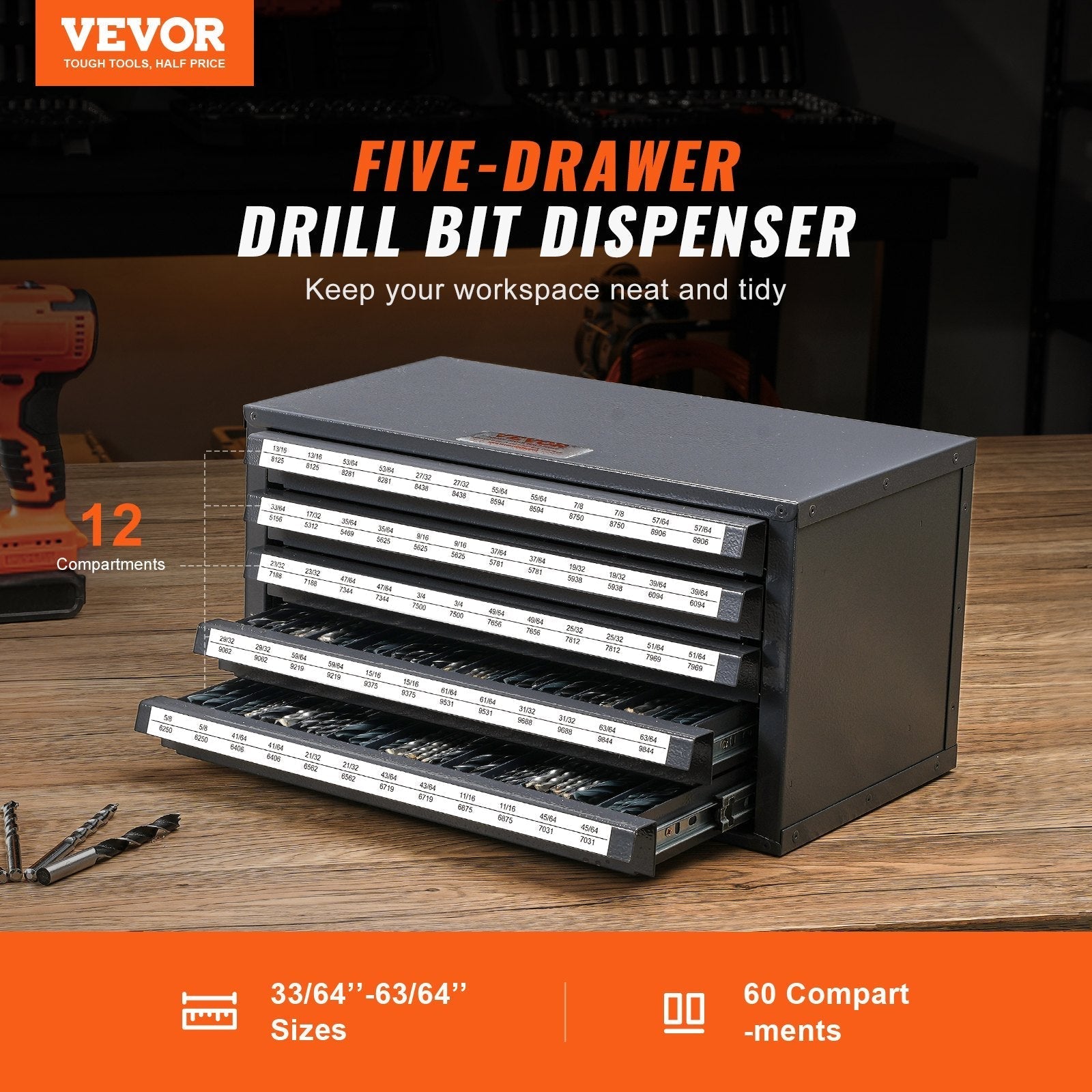 VEVOR Drill Bit Dispenser Cabinet, Five-Drawer Drill Bit Organizer Cabinet for 33/64