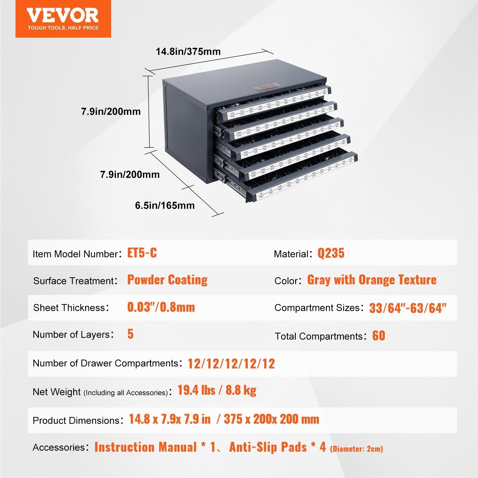 VEVOR Drill Bit Dispenser Cabinet, Five-Drawer Drill Bit Organizer Cabinet for 33/64