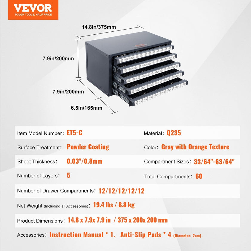 VEVOR Drill Bit Dispenser Cabinet, Five-Drawer Drill Bit Organizer Cabinet for 33/64