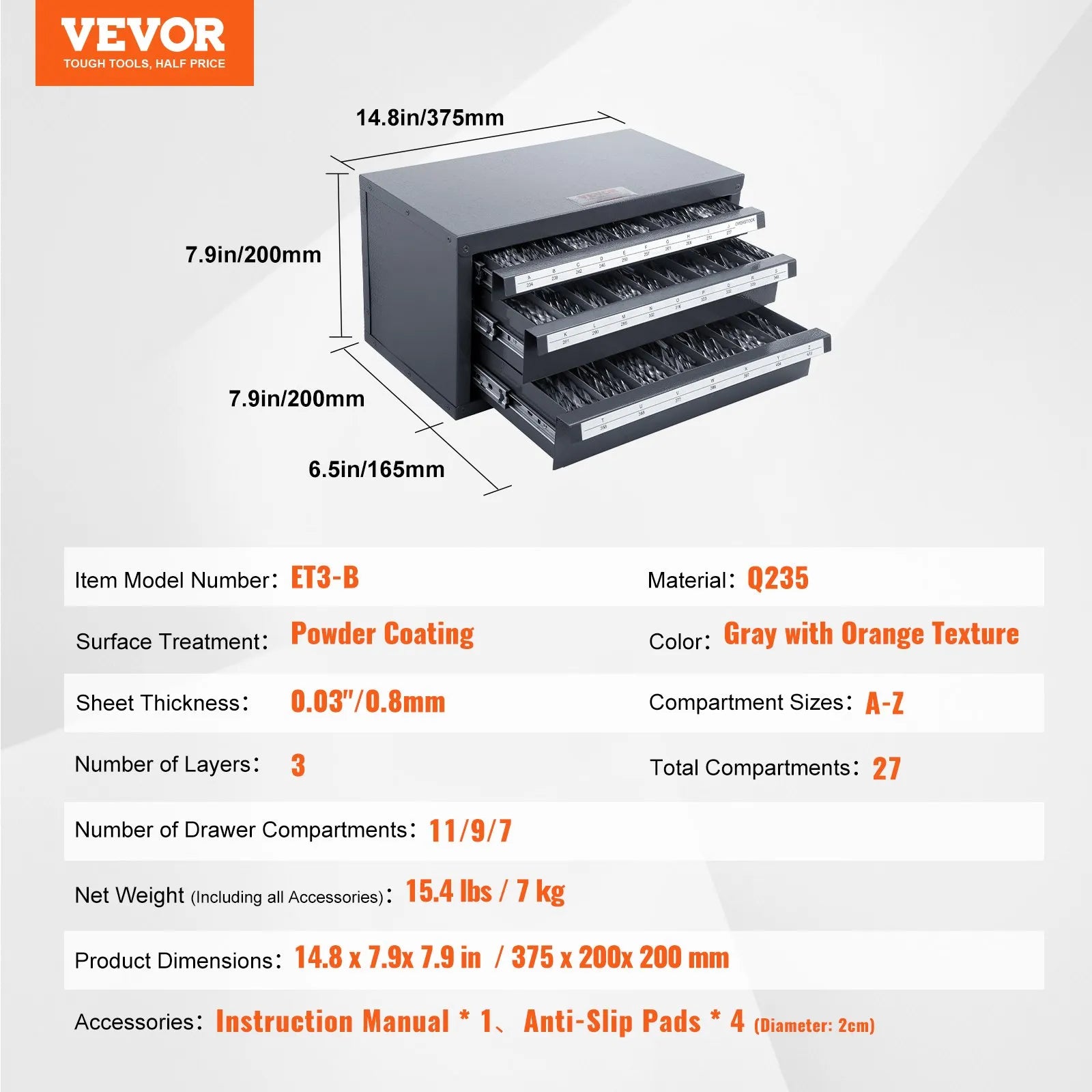 VEVOR Drill Bit Dispenser Cabinet, Three-Drawer Drill Bit Organizer Cabinet for A to Z, Steel Drill Dispenser Organizer Cabinet with Labels, Stackable Drill Dispenser for Drill Bit Storage