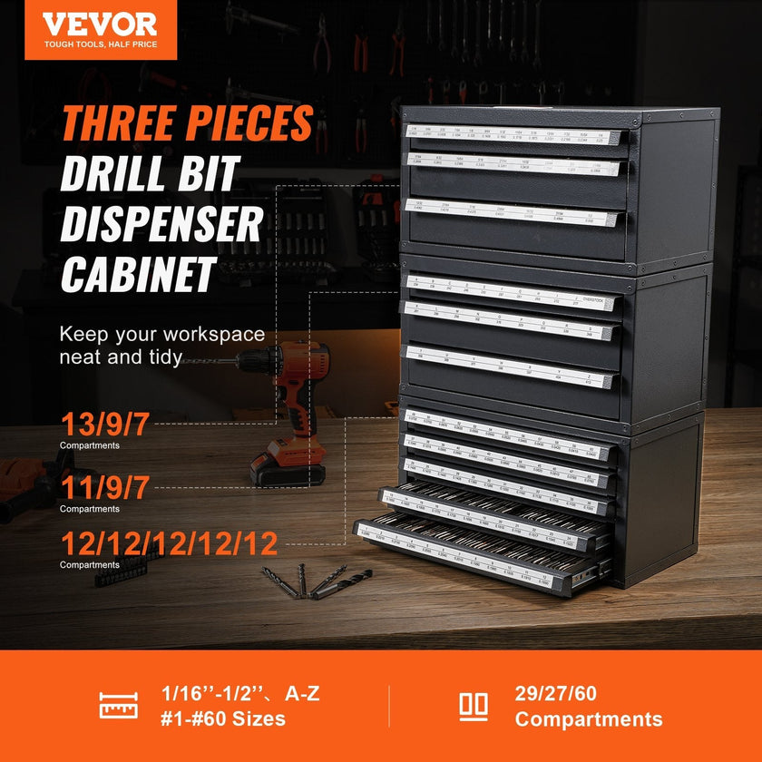VEVOR Drill Bit Dispenser Cabinet, 3 Pieces Three-Drawer for 1/16