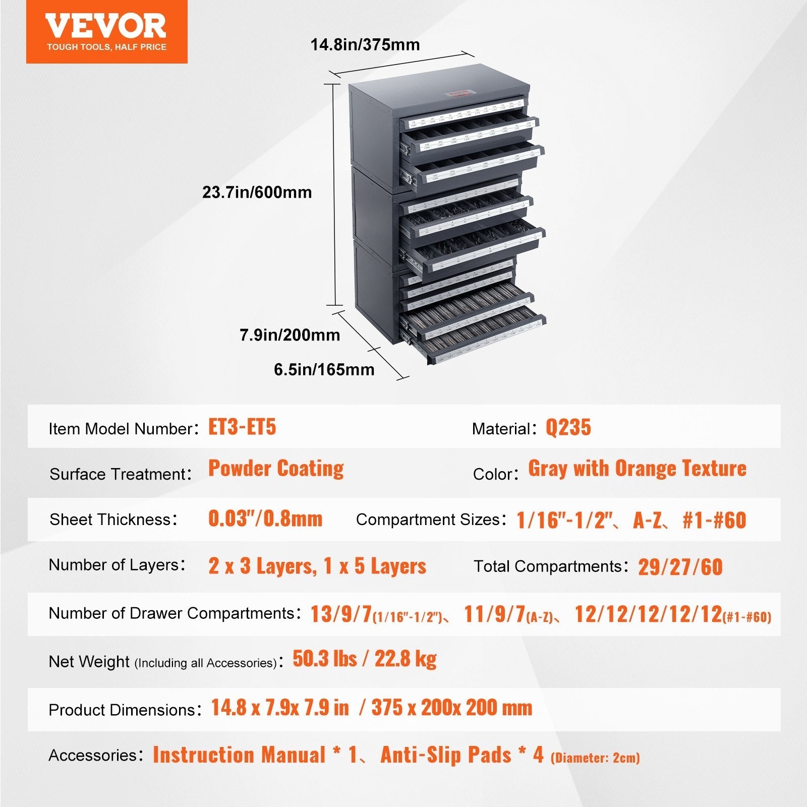 VEVOR Drill Bit Dispenser Cabinet, 3 Pieces Three-Drawer for 1/16