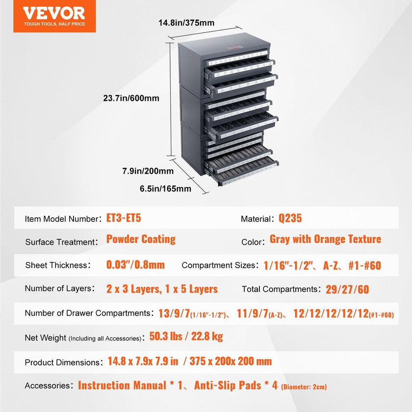 VEVOR Drill Bit Dispenser Cabinet, 3 Pieces Three-Drawer for 1/16