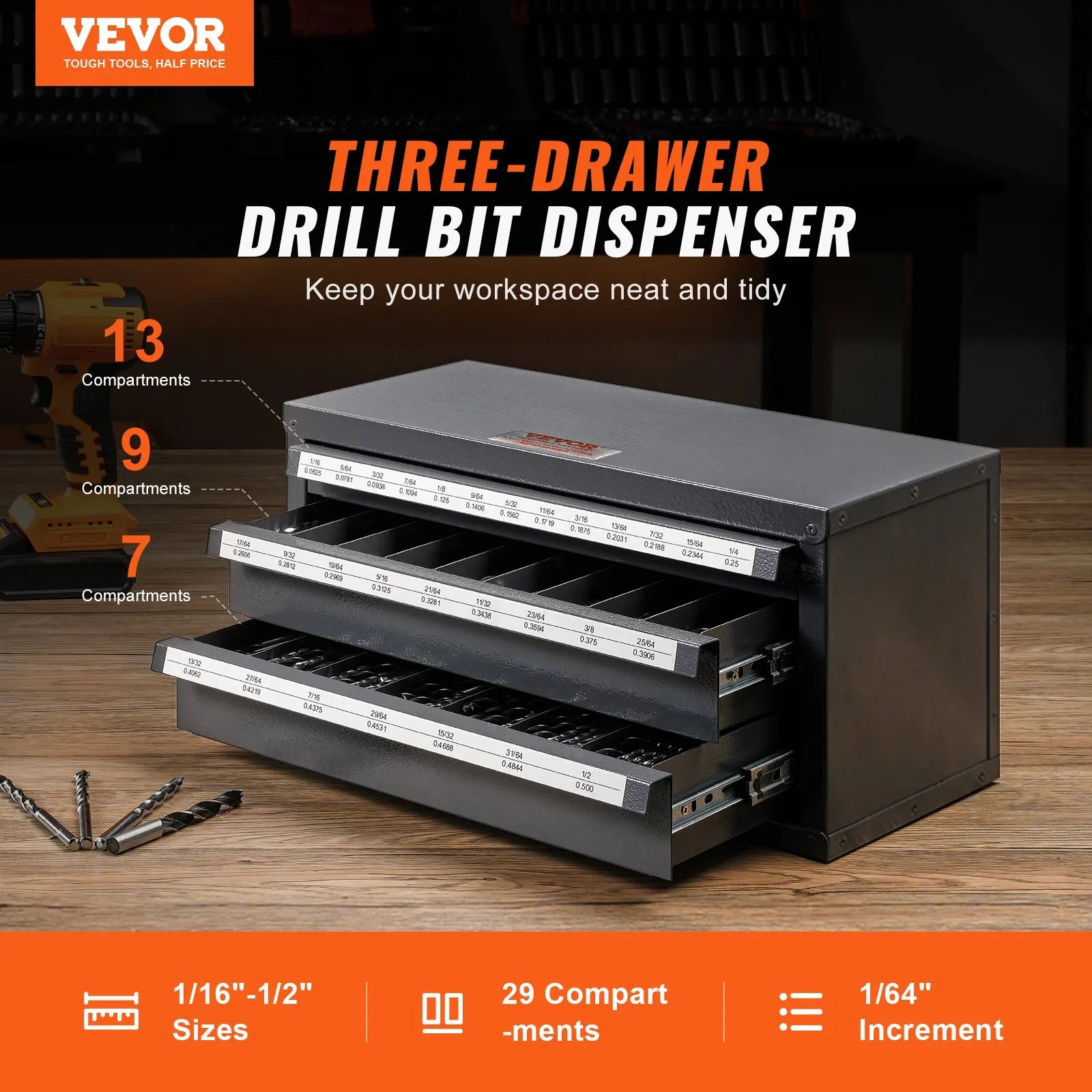 VEVOR Drill Bit Dispenser Cabinet, Three-Drawer Drill Bit Organizer Cabinet for 1/16