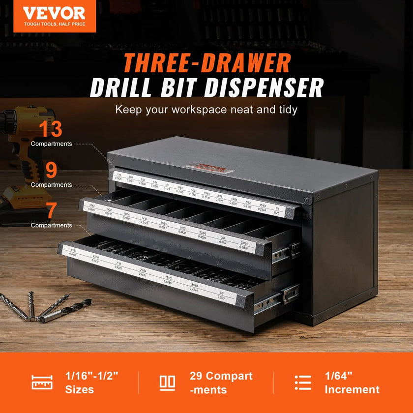 VEVOR Drill Bit Dispenser Cabinet, Three-Drawer Drill Bit Organizer Cabinet for 1/16