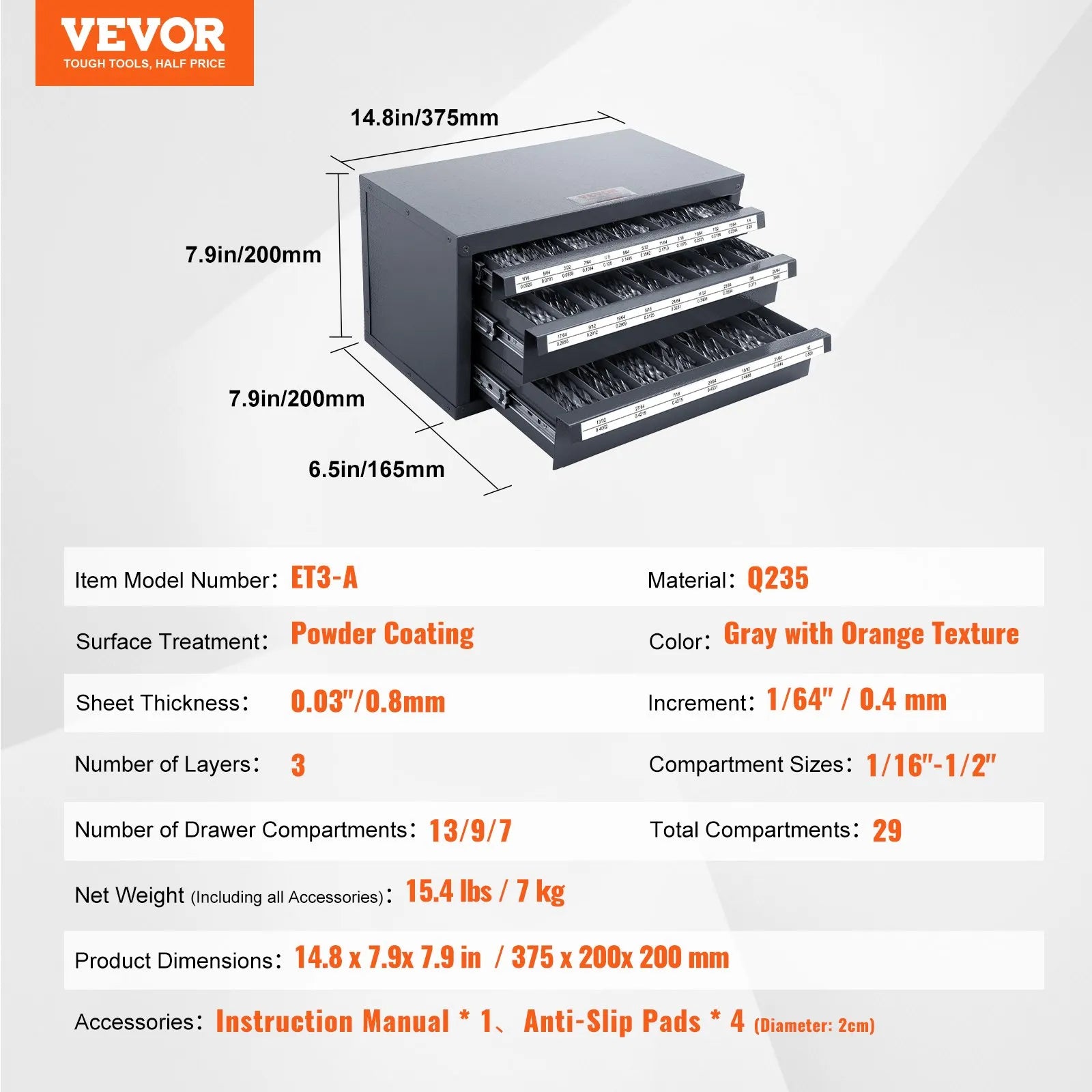 VEVOR Drill Bit Dispenser Cabinet, Three-Drawer Drill Bit Organizer Cabinet for 1/16