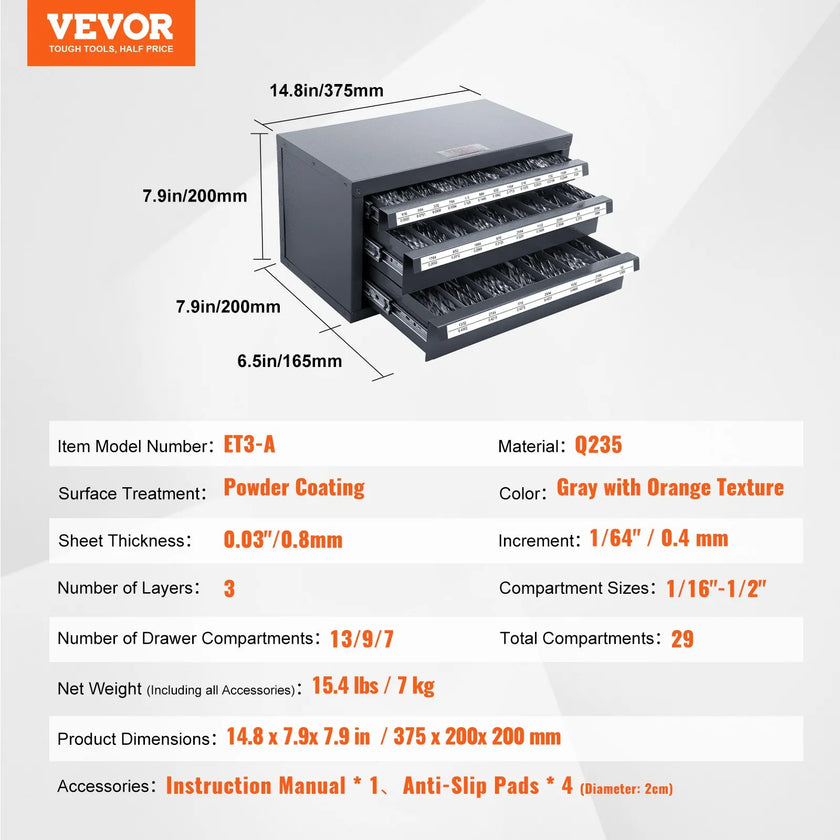 VEVOR Drill Bit Dispenser Cabinet, Three-Drawer Drill Bit Organizer Cabinet for 1/16