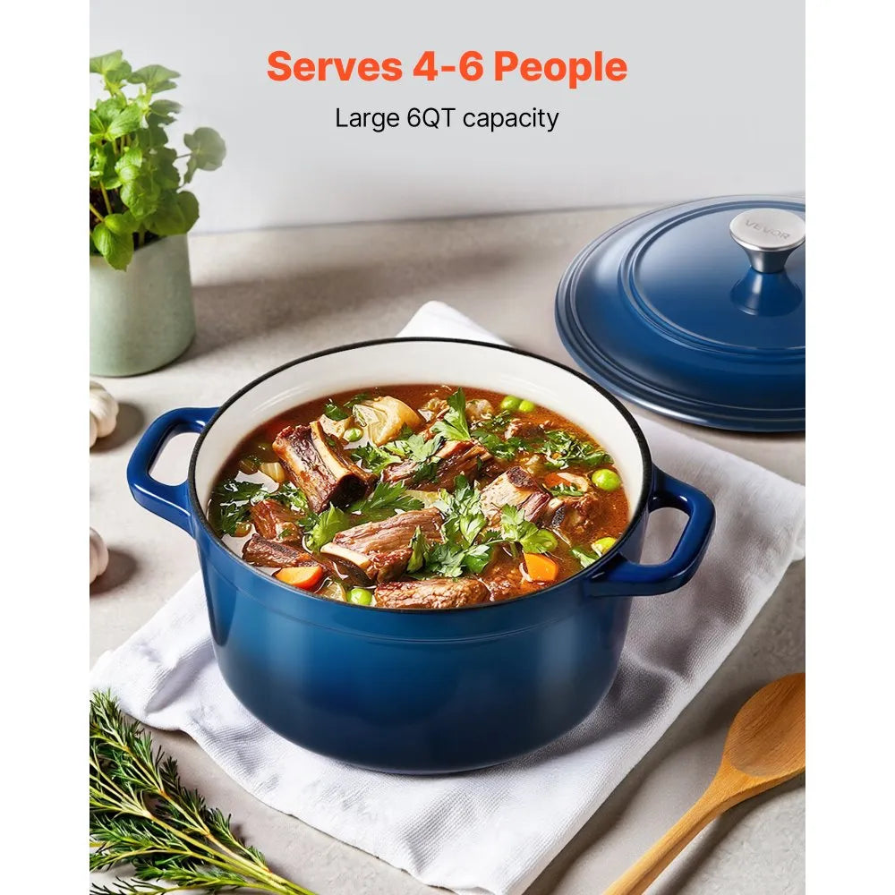 VEVOR 6 Qt Enameled Cast Iron Dutch Oven with Lid, Heavy-Duty Bread Baking & Braising Pot, Oven Safe to 500°F, Induction Compatible Cookware, Blue