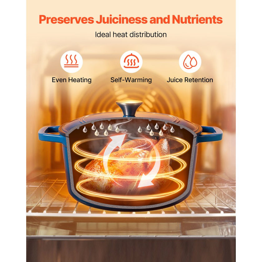 VEVOR 6 Qt Enameled Cast Iron Dutch Oven with Lid, Heavy-Duty Bread Baking & Braising Pot, Oven Safe to 500°F, Induction Compatible Cookware, Blue