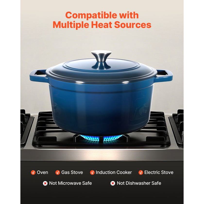 VEVOR 6 Qt Enameled Cast Iron Dutch Oven with Lid, Heavy-Duty Bread Baking & Braising Pot, Oven Safe to 500°F, Induction Compatible Cookware, Blue
