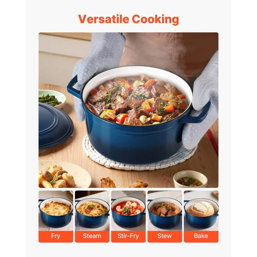 VEVOR 6 Qt Enameled Cast Iron Dutch Oven with Lid, Heavy-Duty Bread Baking & Braising Pot, Oven Safe to 500°F, Induction Compatible Cookware, Blue