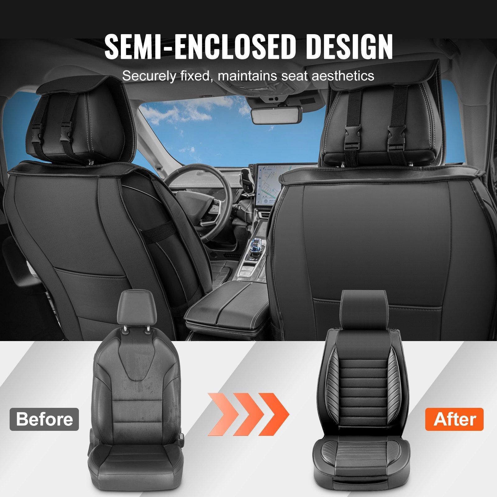 VEVOR Seat Covers, Universal Car Seat Covers Front Seats, 2pcs Faux Leather Seat Cover, Semi-enclosed Design, Detachable Headrest and Airbag Compatible, for Most Cars SUVs and Trucks Black