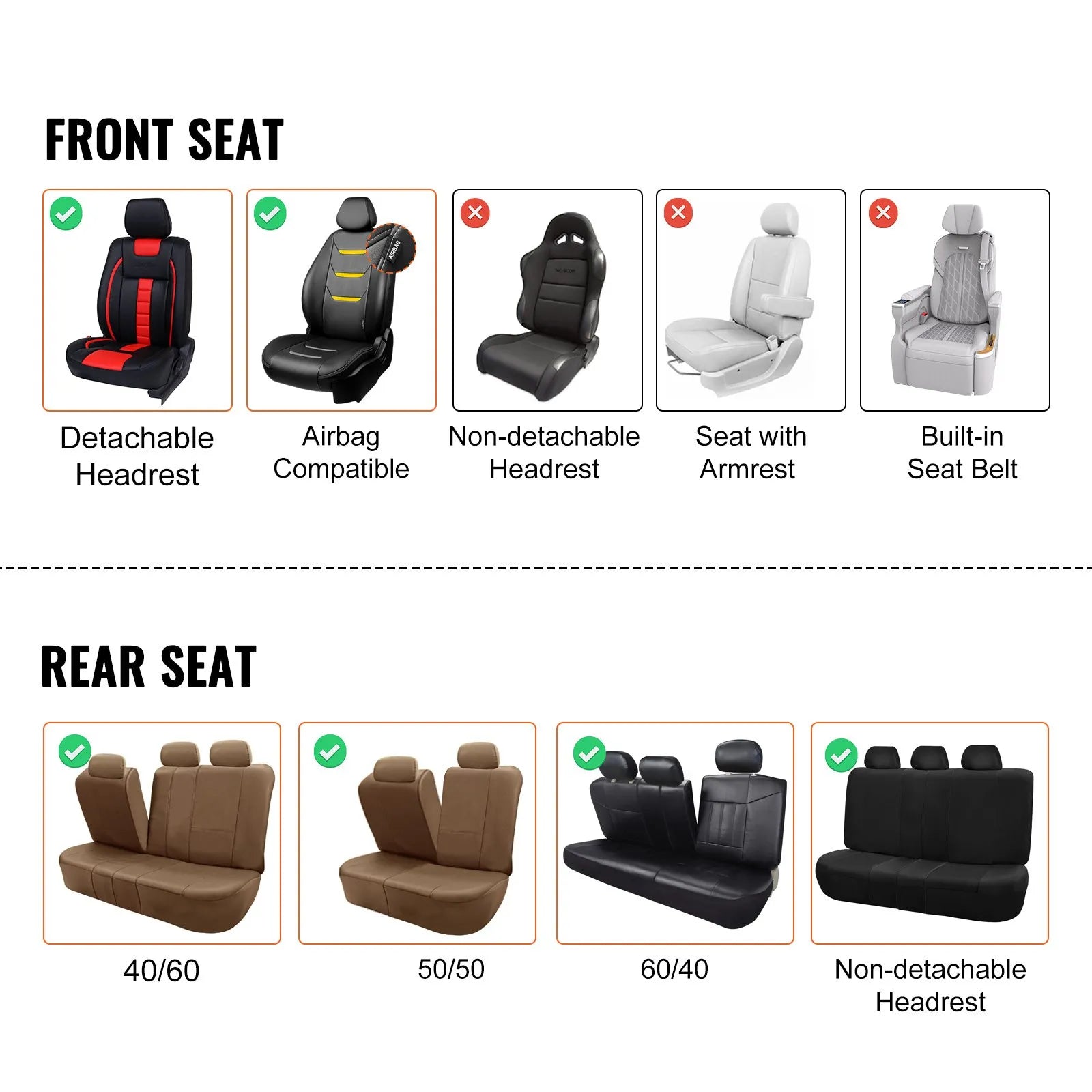 VEVOR Seat Covers, Universal Car Seat Covers Full Set Seats, Front and Rear Seat, 13pcs Faux Leather Seat Cover, Full Enclosed Design, Detachable Headrest and Airbag Compatible, for Most Car SUV Truck