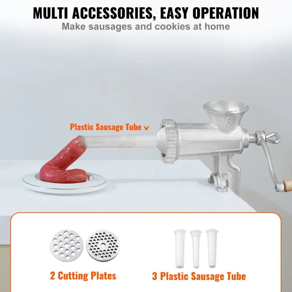 VEVOR Manual Meat Grinder, Heavy Duty Cast Iron Hand Meat Grinder with Steel Table Clamp, Meat Mincer Sausage Maker with 1 Cutting Blade, 2 Cutting Plates, 3 Sausage Tubes for Beef Pepper Mushroom