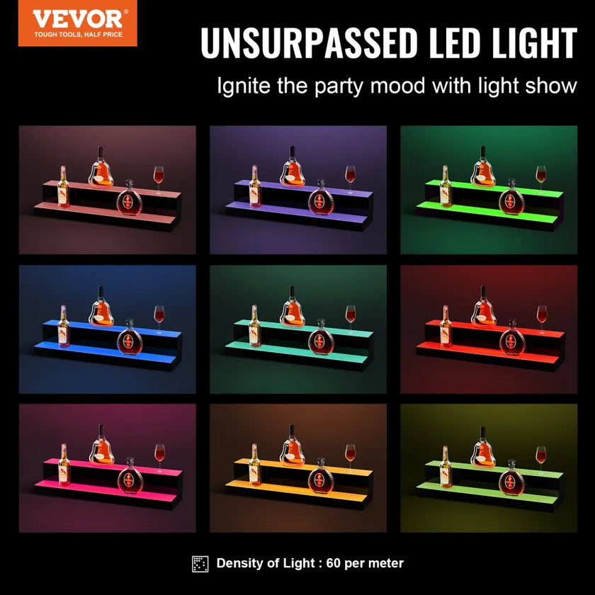 VEVOR LED Lighted Liquor Bottle Display, 2 Tiers 30 Inches, Illuminated Home Bar Shelf with RF Remote & App Control 7 Static Colors 1-4 H Timing, Acrylic Drinks Lighting Shelf for Holding 16 Bottles