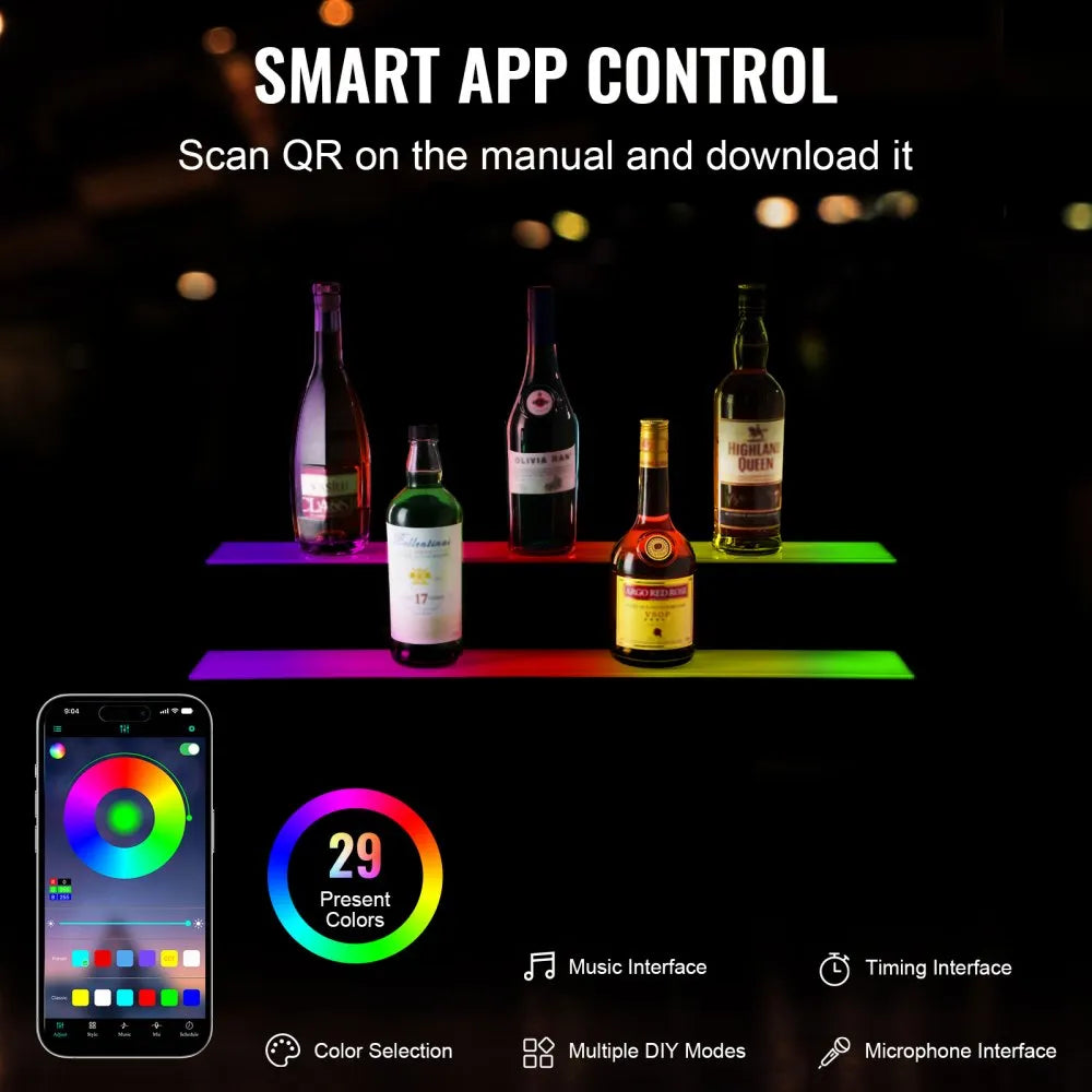 VEVOR LED Lighted Liquor Bottle Display, 2 Tiers 30 Inches, Illuminated Home Bar Shelf with RF Remote & App Control 7 Static Colors 1-4 H Timing, Acrylic Drinks Lighting Shelf for Holding 16 Bottles