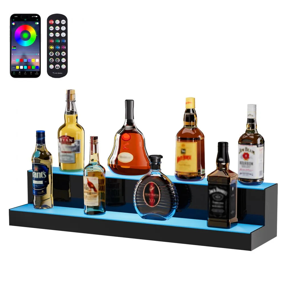 VEVOR LED Lighted Liquor Bottle Display, 2 Tiers 30 Inches, Illuminated Home Bar Shelf with RF Remote & App Control 7 Static Colors 1-4 H Timing, Acrylic Drinks Lighting Shelf for Holding 16 Bottles