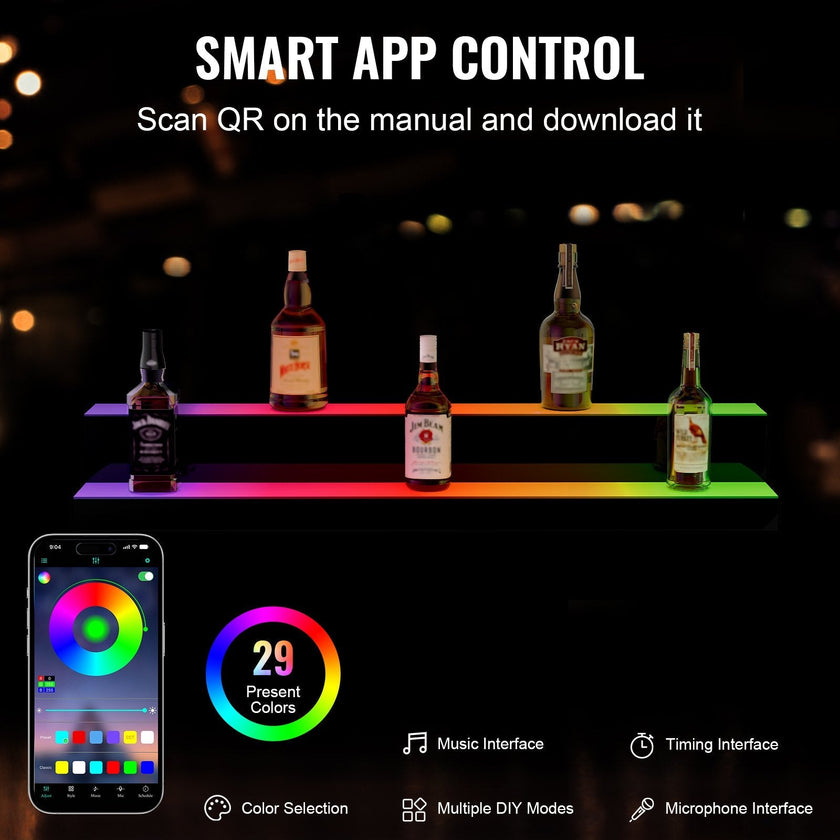 VEVOR LED Lighted Liquor Bottle Display, 2 Tiers 40 Inches, Illuminated Home Bar Shelf with RF Remote & App Control 7 Static Colors 1-4 H Timing, Acrylic Drinks Lighting Shelf for Holding 20 Bottles