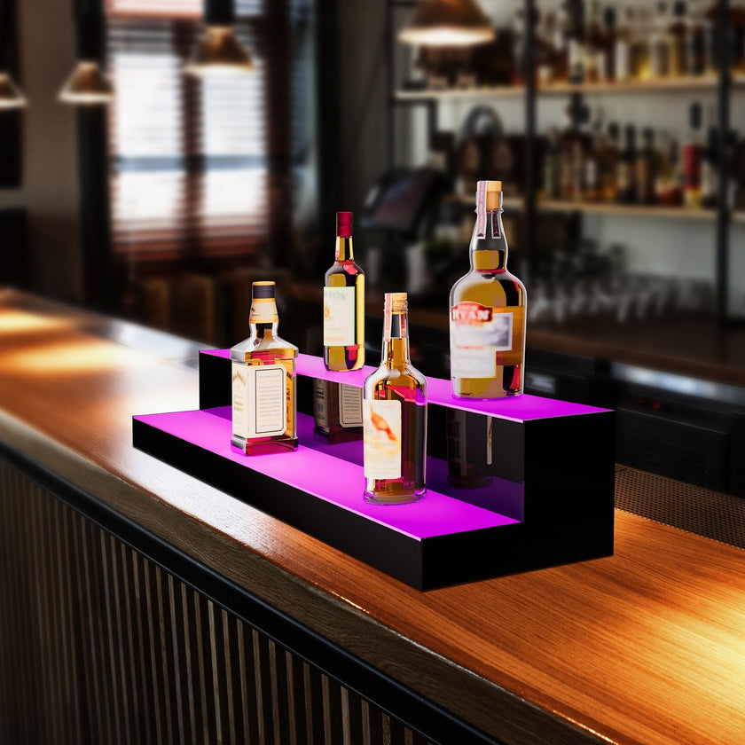 VEVOR LED Lighted Liquor Bottle Display, 2 Tiers 40 Inches, Illuminated Home Bar Shelf with RF Remote & App Control 7 Static Colors 1-4 H Timing, Acrylic Drinks Lighting Shelf for Holding 20 Bottles