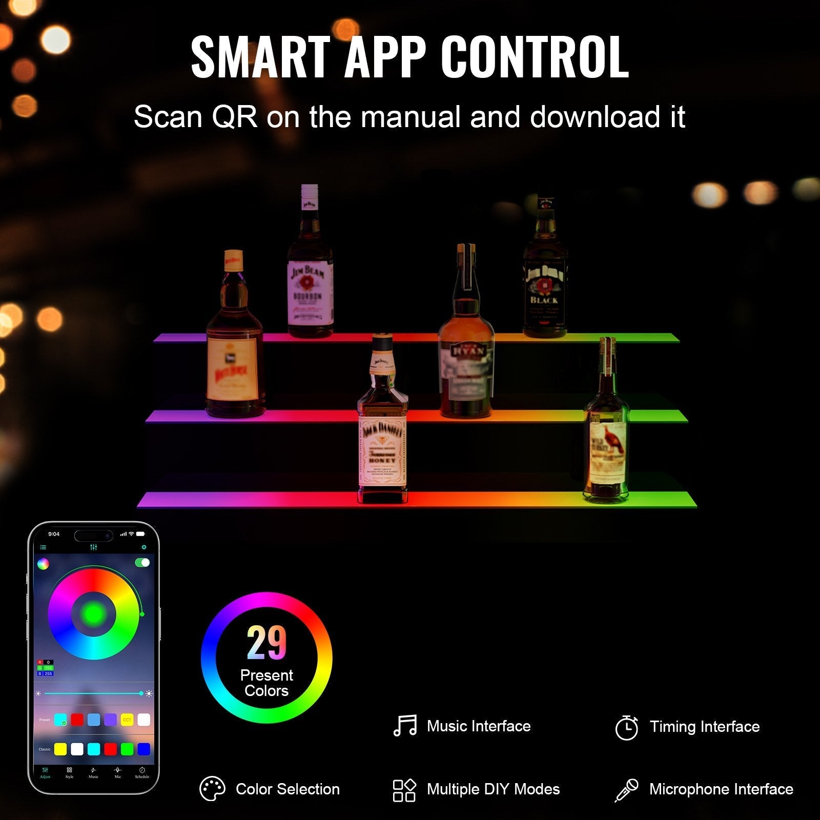 VEVOR LED Lighted Liquor Bottle Display, 3 Tiers 30 Inches, Illuminated Home Bar Shelf with RF Remote & App Control 7 Static Colors 1-4 H Timing, Acrylic Drinks Lighting Shelf for Holding 24 Bottles