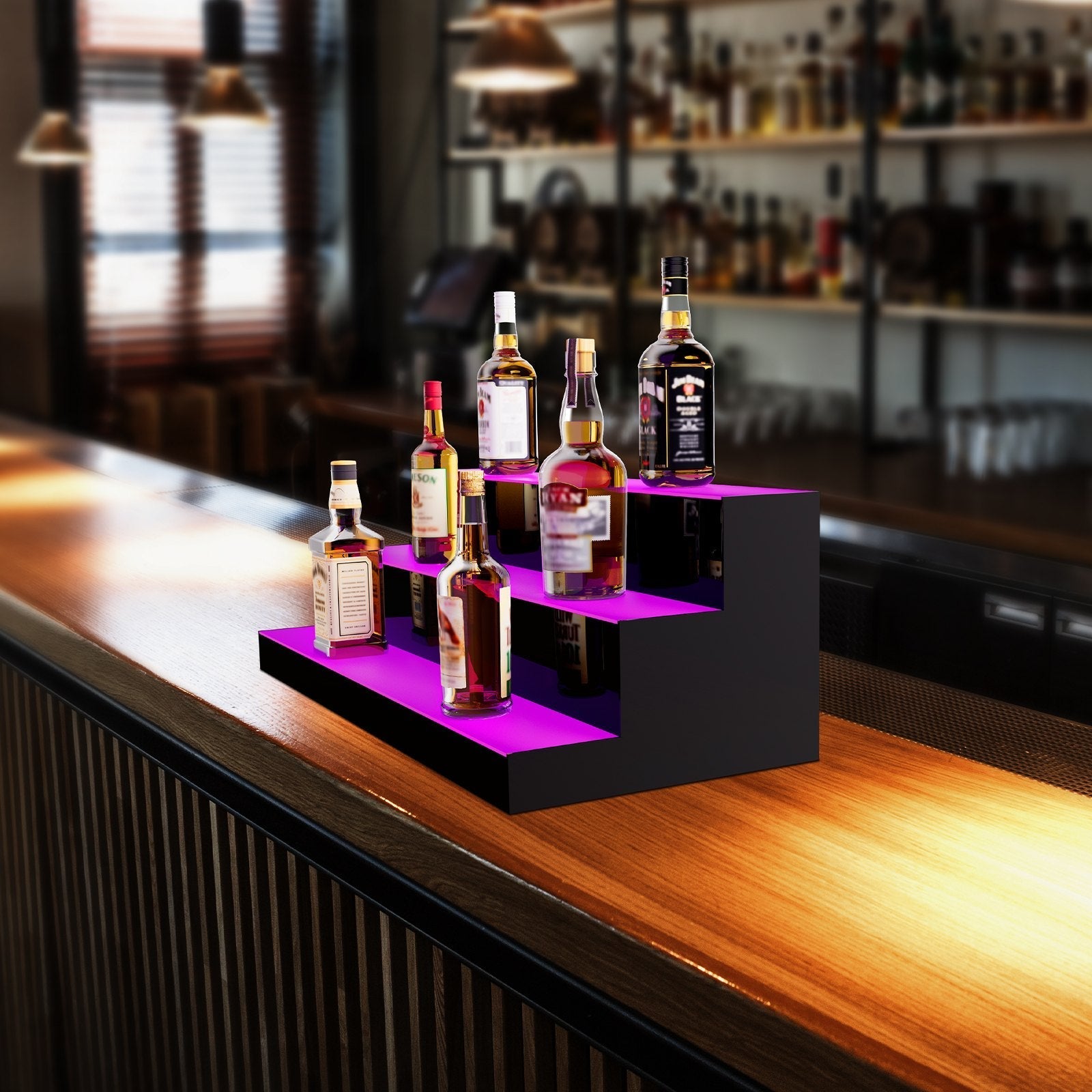 VEVOR LED Lighted Liquor Bottle Display, 3 Tiers 30 Inches, Illuminated Home Bar Shelf with RF Remote & App Control 7 Static Colors 1-4 H Timing, Acrylic Drinks Lighting Shelf for Holding 24 Bottles