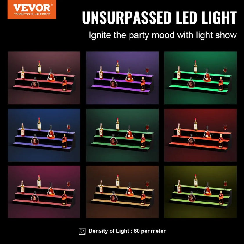 VEVOR LED Lighted Liquor Bottle Display, 3 Tiers 40 Inches, Illuminated Home Bar Shelf with RF Remote & App Control 7 Static Colors 1-4 H Timing, Acrylic Drinks Lighting Shelf for Holding 30 Bottles