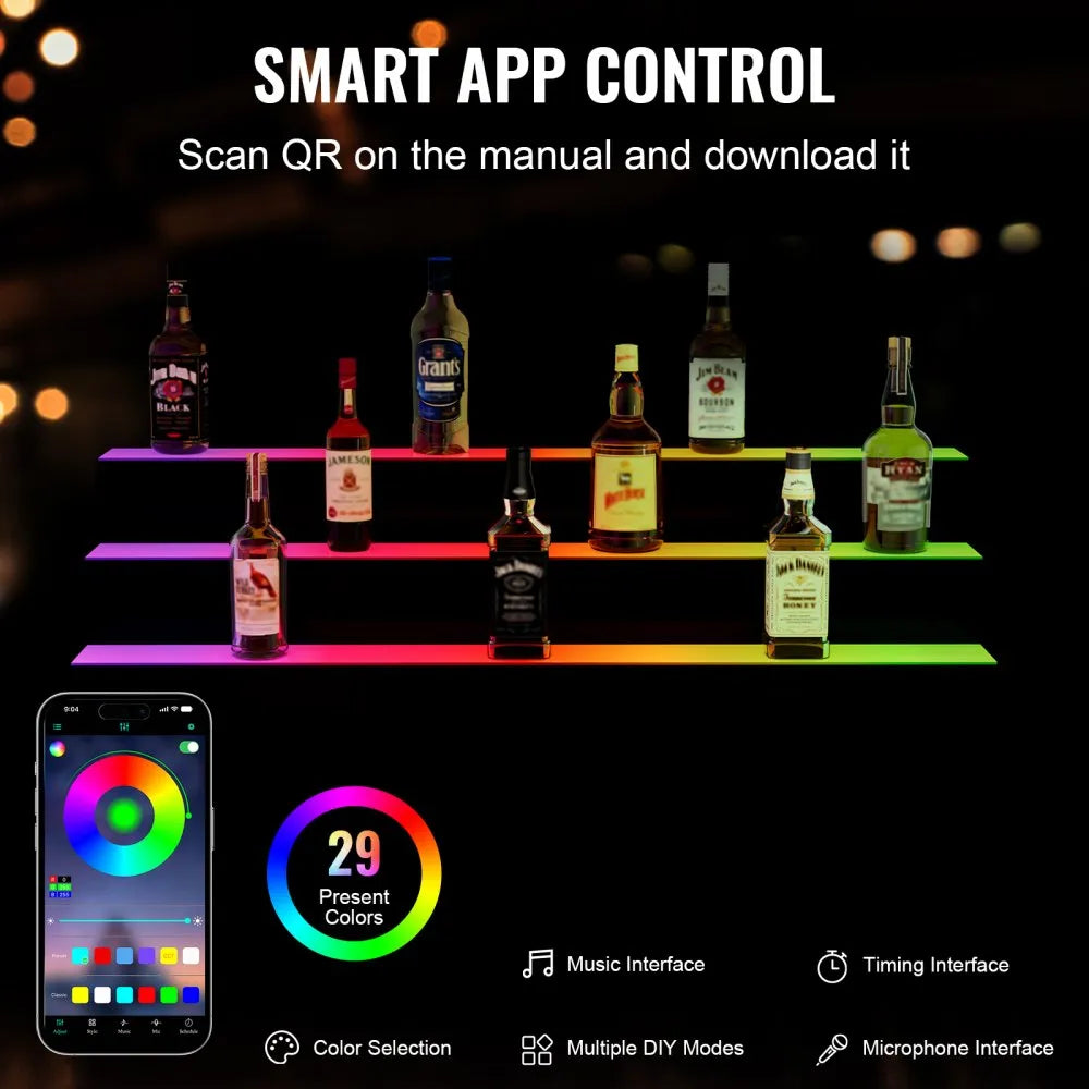 VEVOR LED Lighted Liquor Bottle Display, 3 Tiers 40 Inches, Illuminated Home Bar Shelf with RF Remote & App Control 7 Static Colors 1-4 H Timing, Acrylic Drinks Lighting Shelf for Holding 30 Bottles
