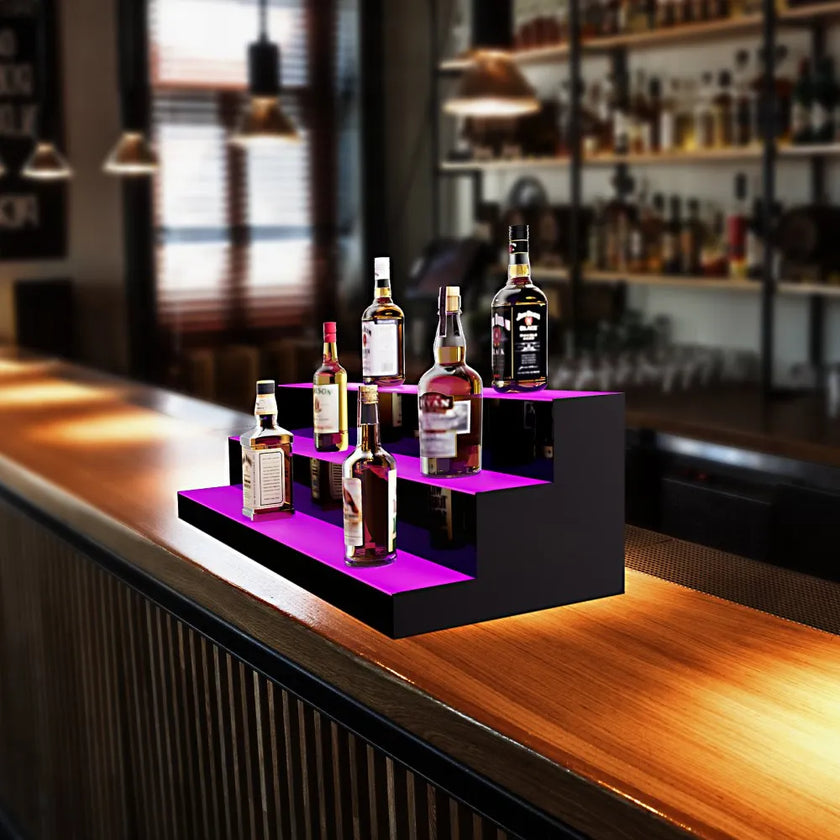 VEVOR LED Lighted Liquor Bottle Display, 3 Tiers 40 Inches, Illuminated Home Bar Shelf with RF Remote & App Control 7 Static Colors 1-4 H Timing, Acrylic Drinks Lighting Shelf for Holding 30 Bottles