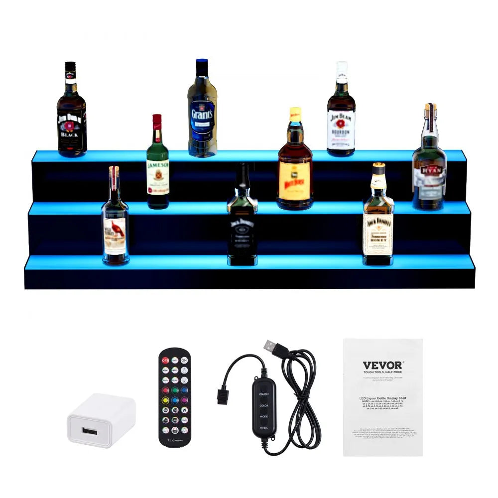 VEVOR LED Lighted Liquor Bottle Display, 3 Tiers 40 Inches, Illuminated Home Bar Shelf with RF Remote & App Control 7 Static Colors 1-4 H Timing, Acrylic Drinks Lighting Shelf for Holding 30 Bottles