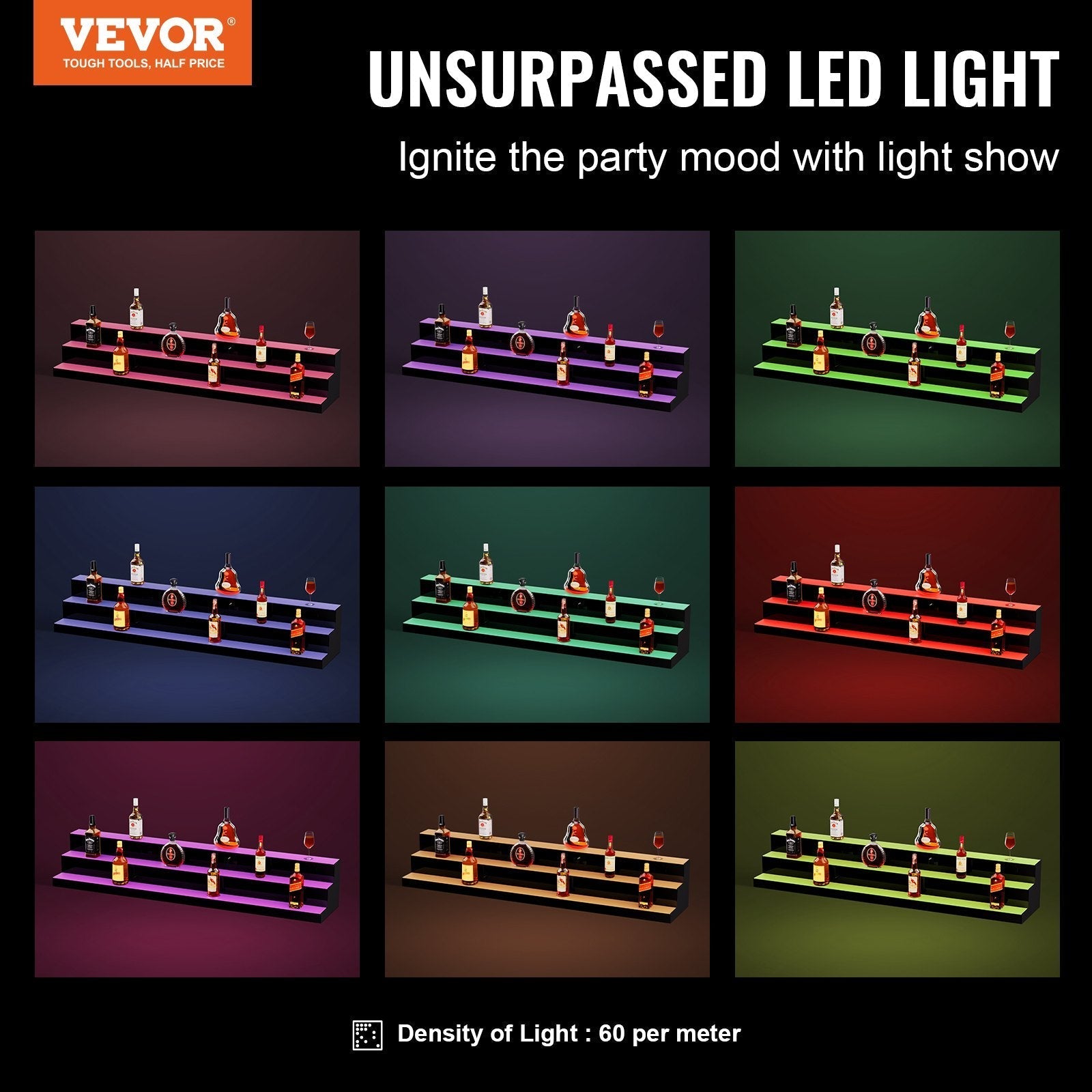 VEVOR LED Lighted Liquor Bottle Display, 3 Tiers 60 Inches, Illuminated Home Bar Shelf with RF Remote & App Control 7 Static Colors 1-4 H Timing, Acrylic Drinks Lighting Shelf for Holding 54 Bottles