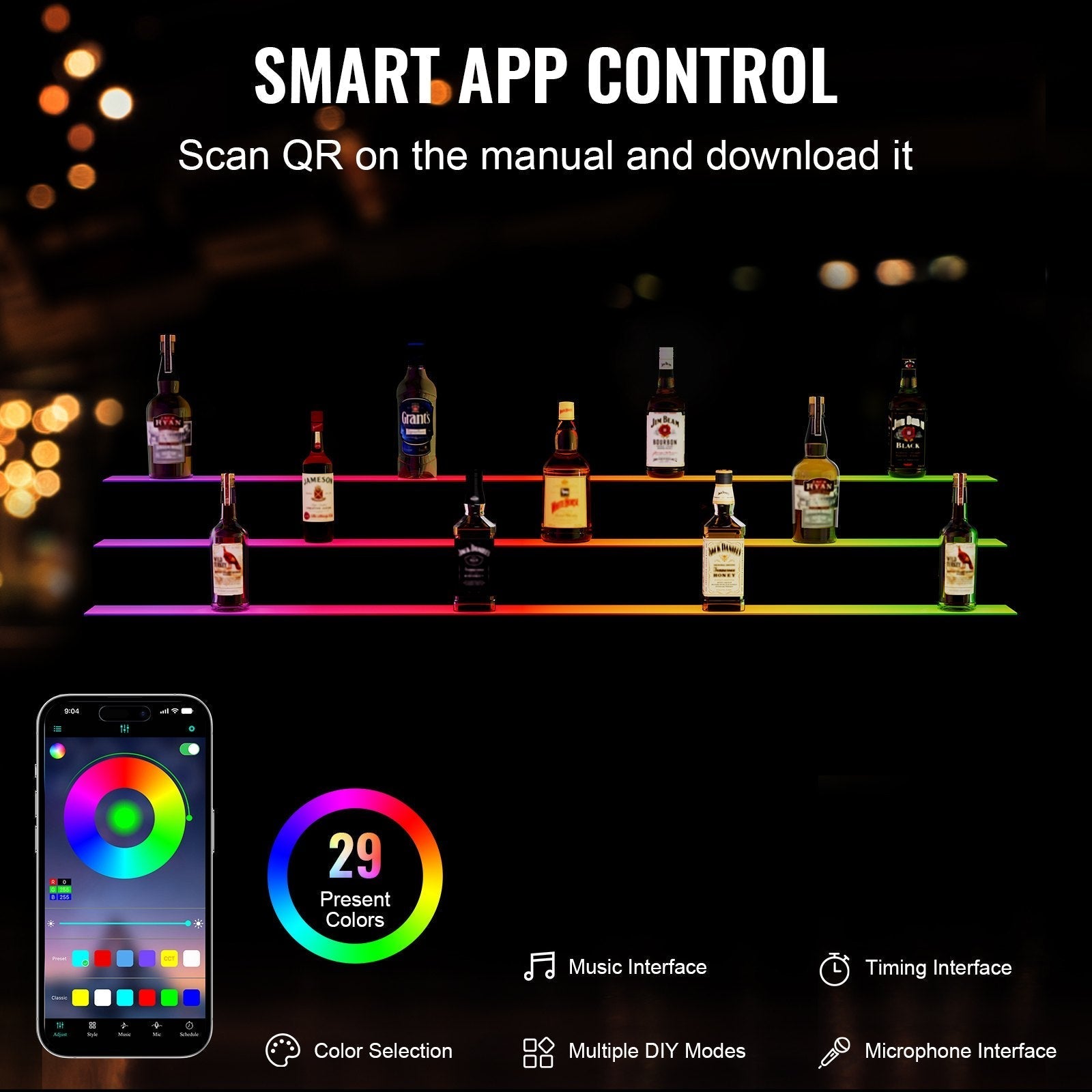 VEVOR LED Lighted Liquor Bottle Display, 3 Tiers 60 Inches, Illuminated Home Bar Shelf with RF Remote & App Control 7 Static Colors 1-4 H Timing, Acrylic Drinks Lighting Shelf for Holding 54 Bottles