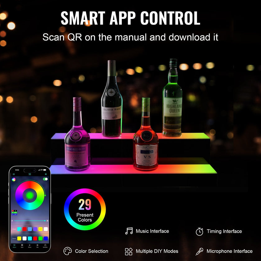 VEVOR LED Lighted Liquor Bottle Display Bar Shelf RF & App Control 24