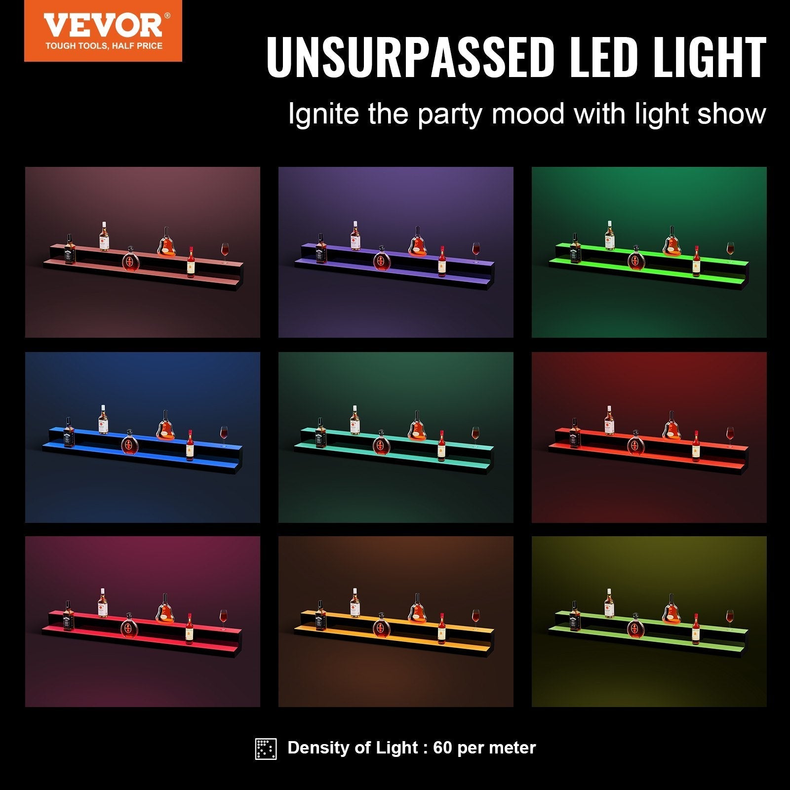 VEVOR LED Lighted Liquor Bottle Display Bar Shelf RF & App Control 60