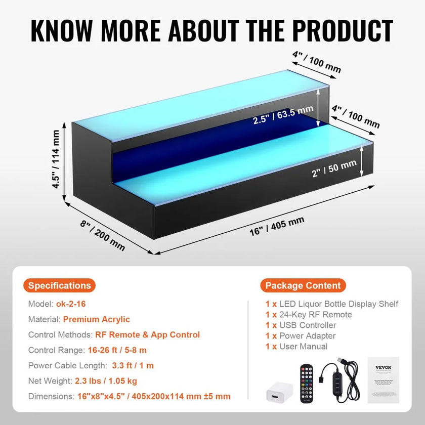 VEVOR LED Lighted Liquor Bottle Display Bar Shelf RF & App Control 16