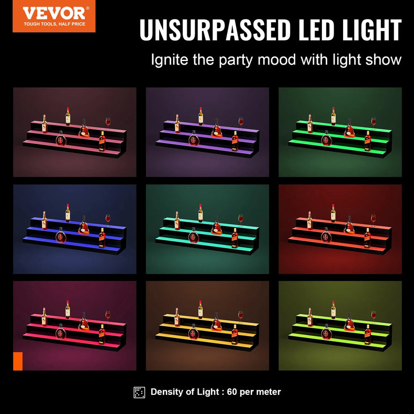 VEVOR LED Lighted Liquor Bottle Display Bar Shelf RF & App Control 48