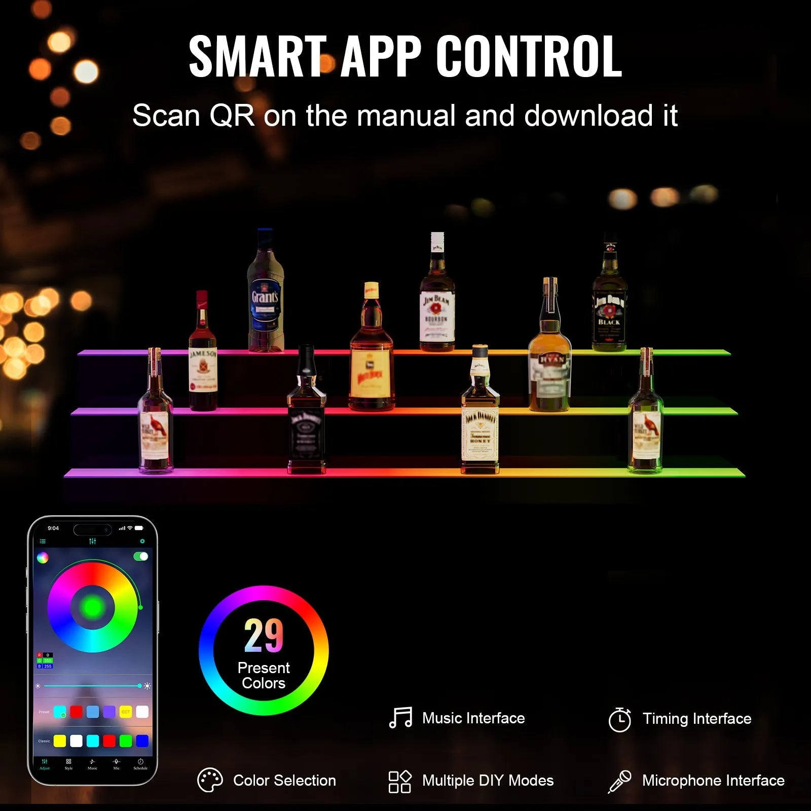 VEVOR LED Lighted Liquor Bottle Display Bar Shelf RF & App Control 48