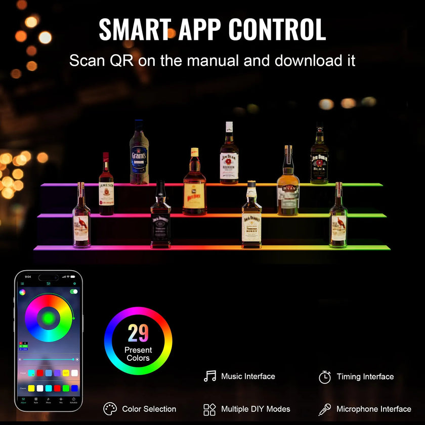VEVOR LED Lighted Liquor Bottle Display Bar Shelf RF & App Control 48